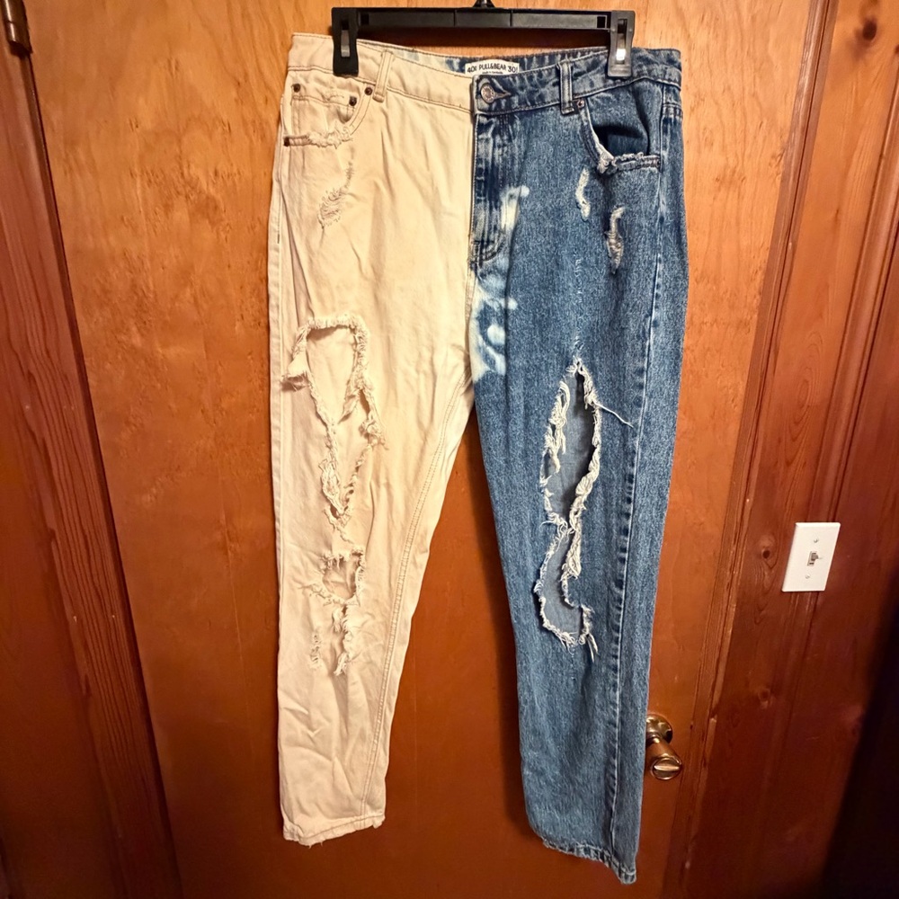 Pull&Bear Two-Tone Jeans in Blue‎ & Beige